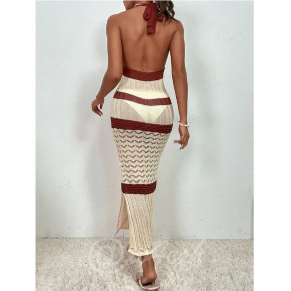 Long Beach Coverup Dress Beige and Brown Stripes Backless V-Neck Halter - Picture 2 of 7